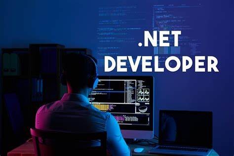 A developer working on a computer, writing code for a Dot Net web application. They are focused, with multiple screens displaying code and development tools in the background."