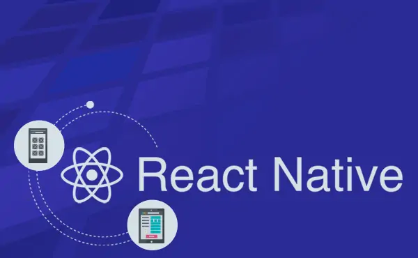 A person seated at a computer, coding on a screen displaying React Native code. Mobile devices and development tools are visible in the background, indicating the creation of a React Native mobile app."