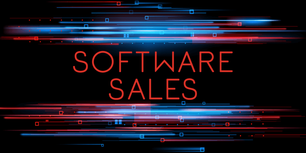 "Smiling software sales executive presenting product features to a group of clients in a modern office setting."